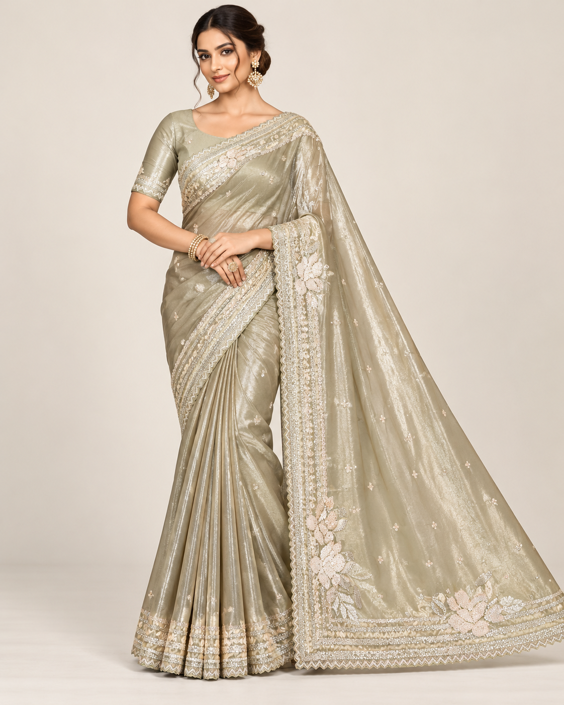 Sage Green Metallic Organza Embroidered Saree