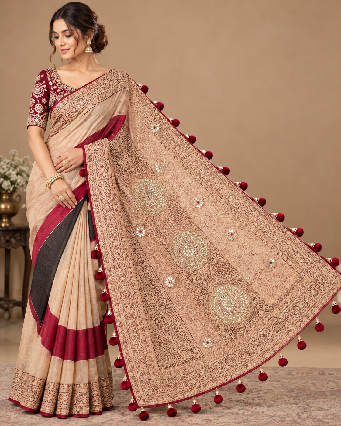 Beige Linen Silk Mirror Work Pallu Saree