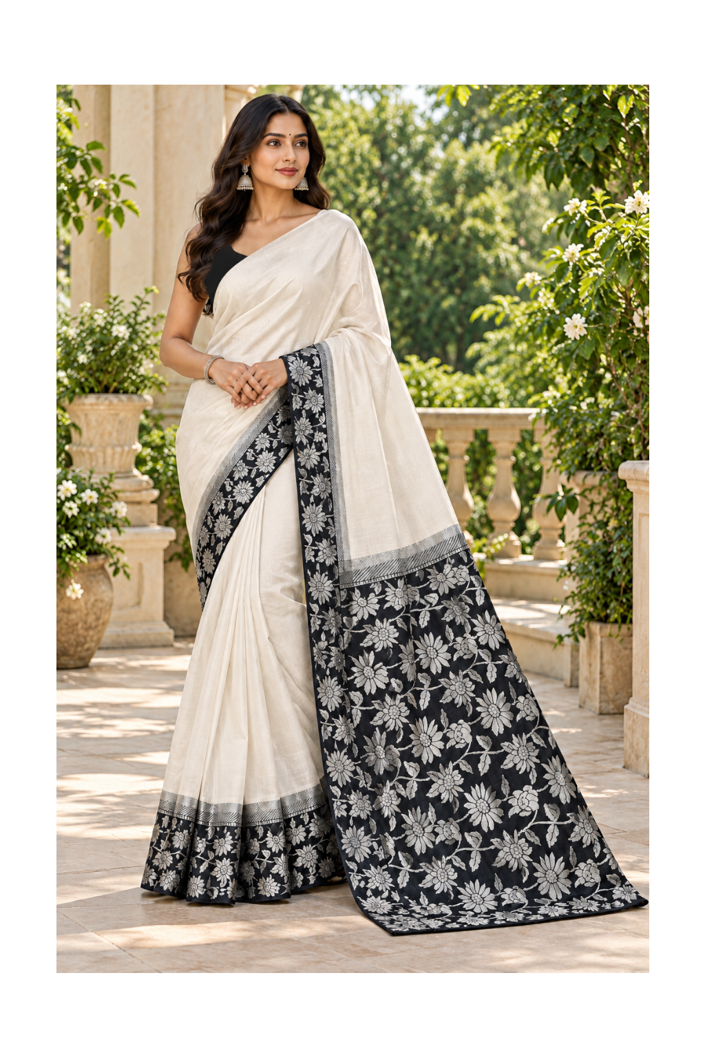 Off White and Black Floral Silk Saree