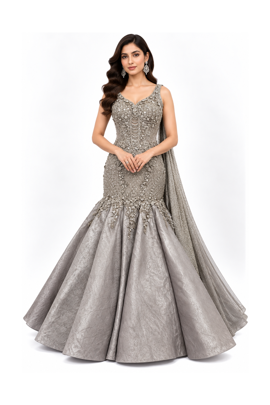 Silver Embellished Mermaid Lehenga with Dupatta