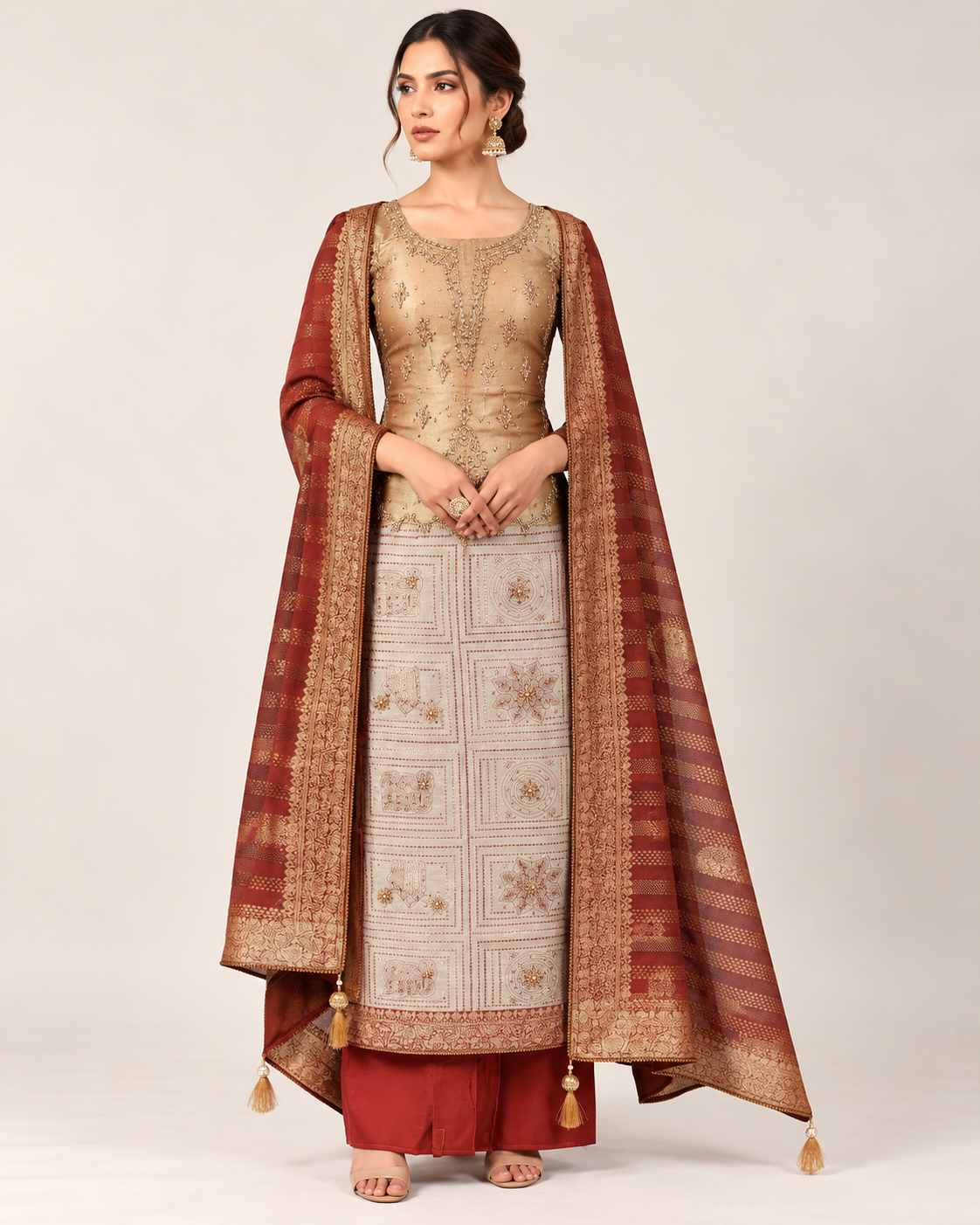 Elegant Maroon Embroidered Kurta Palazzo Set