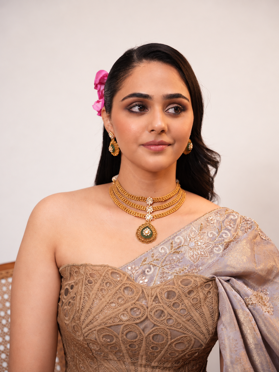 Lilac Silk Saree with Gold Woven Motifs & Corset Blouse