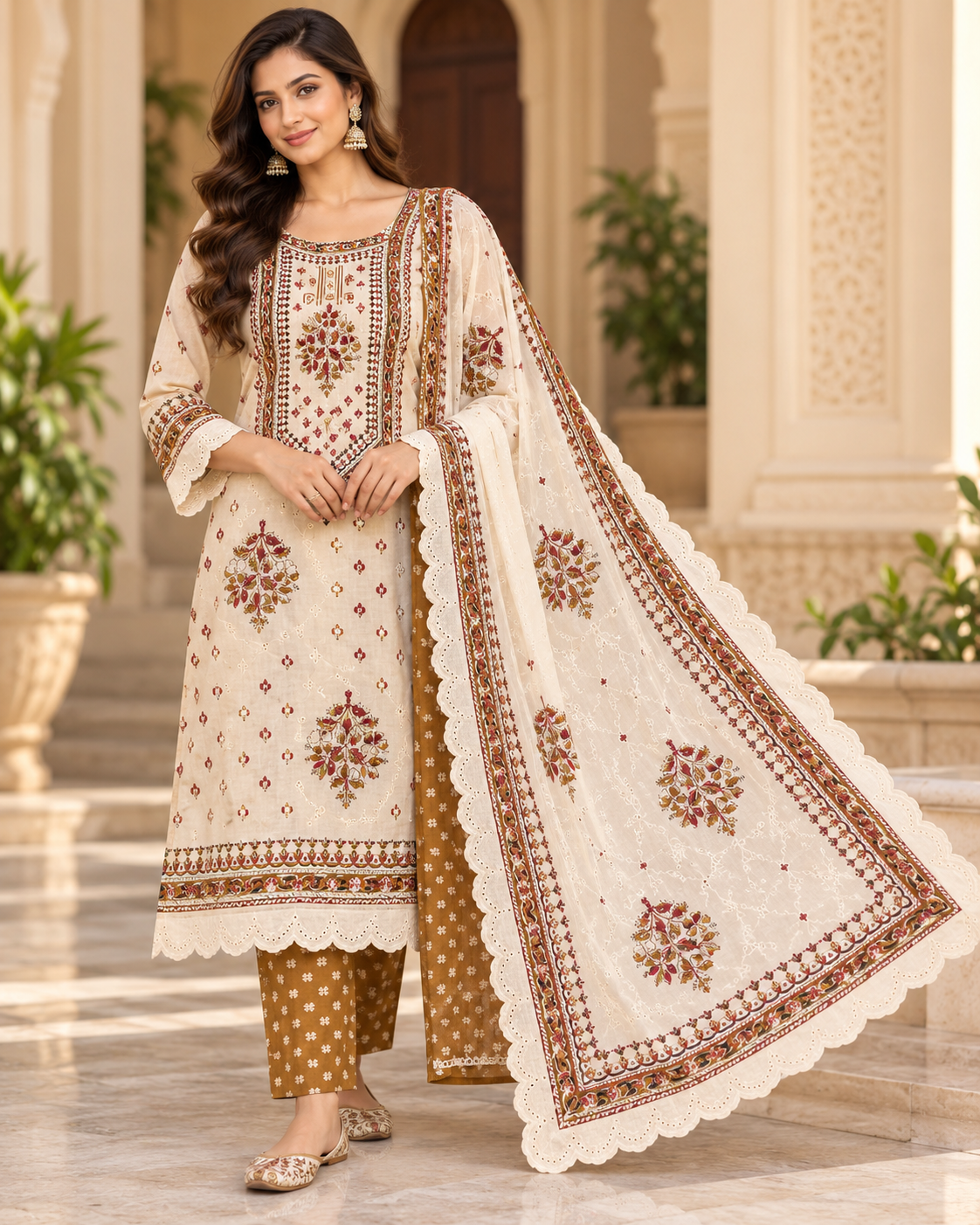 Elegant Ivory Floral Printed Suit Fabric with Traditional Dupatta