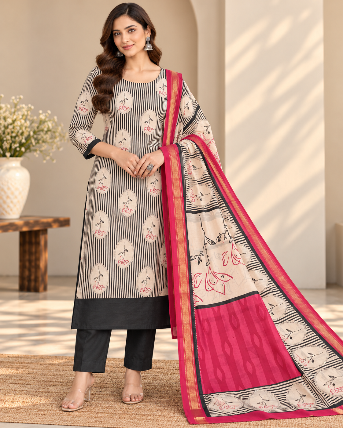 Ivory Black Striped Suit Fabric with Rani Pink Statement Dupatta