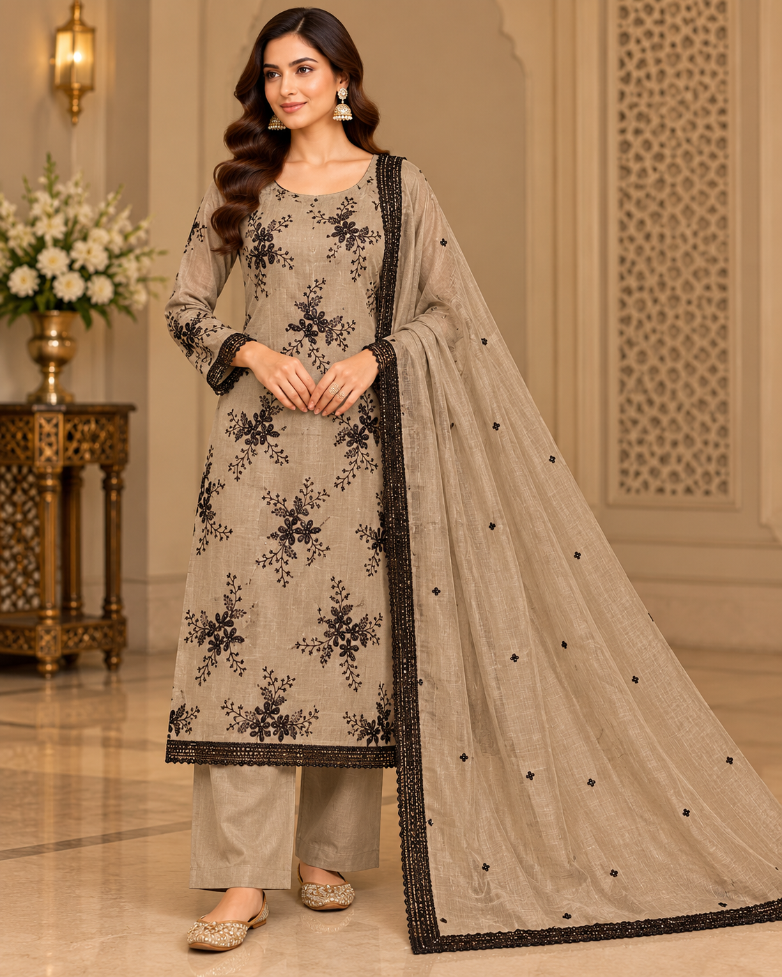 Elegant Taupe Black Floral Embroidered Suit Main image