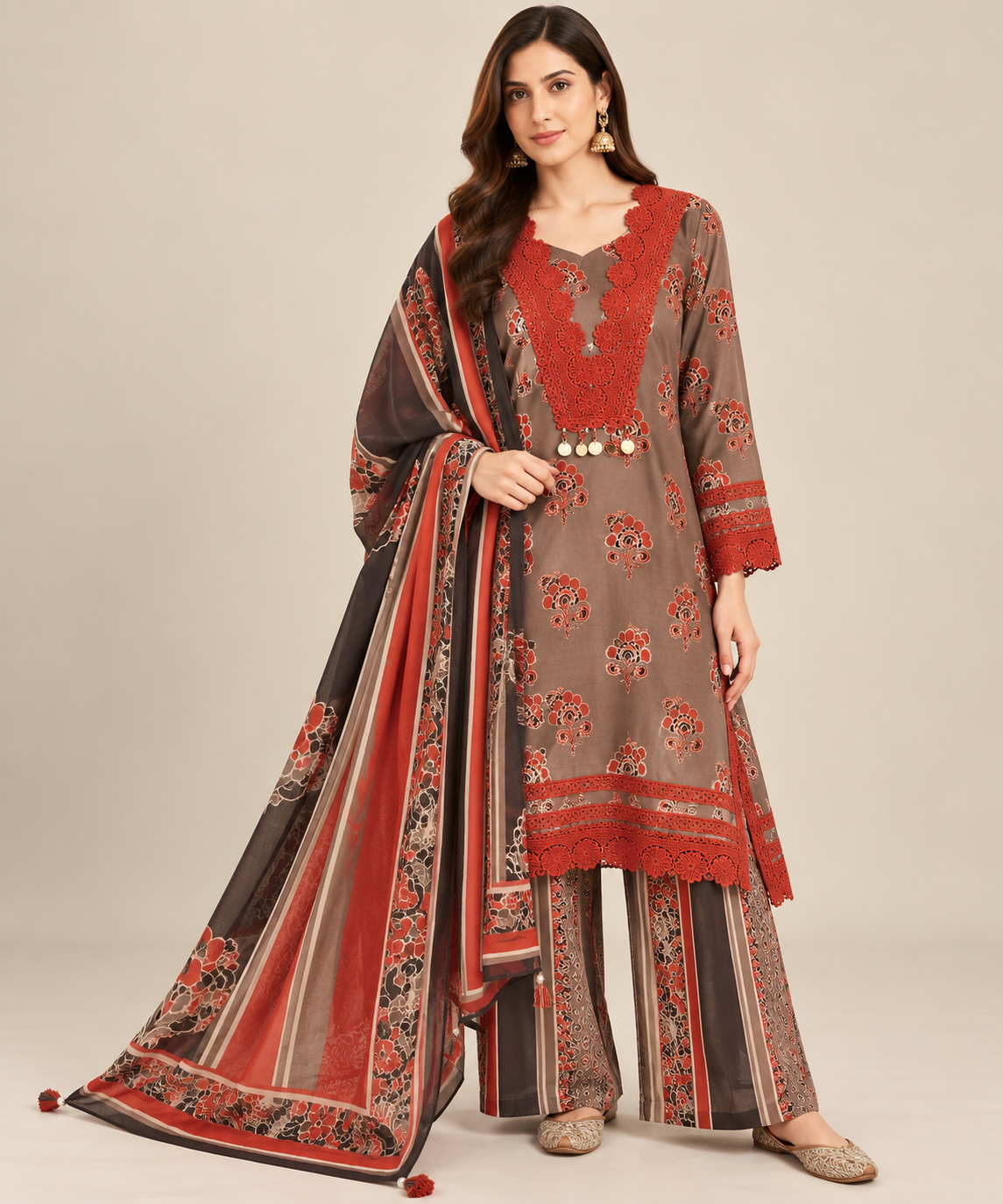 Taupe & Rust Floral Printed Pakistani Suit Set