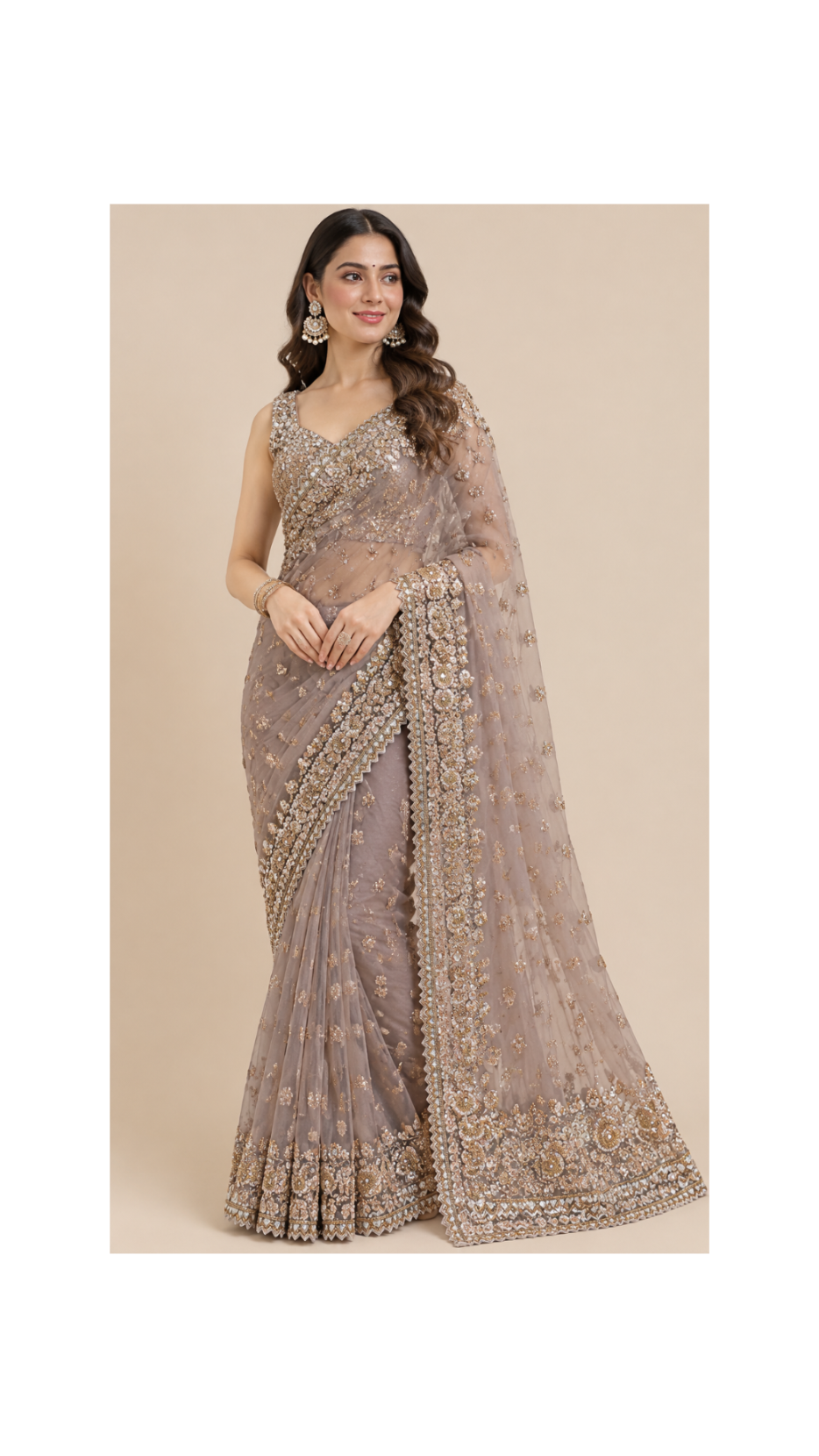 Luminous Taupe Sequin Embroidered Saree