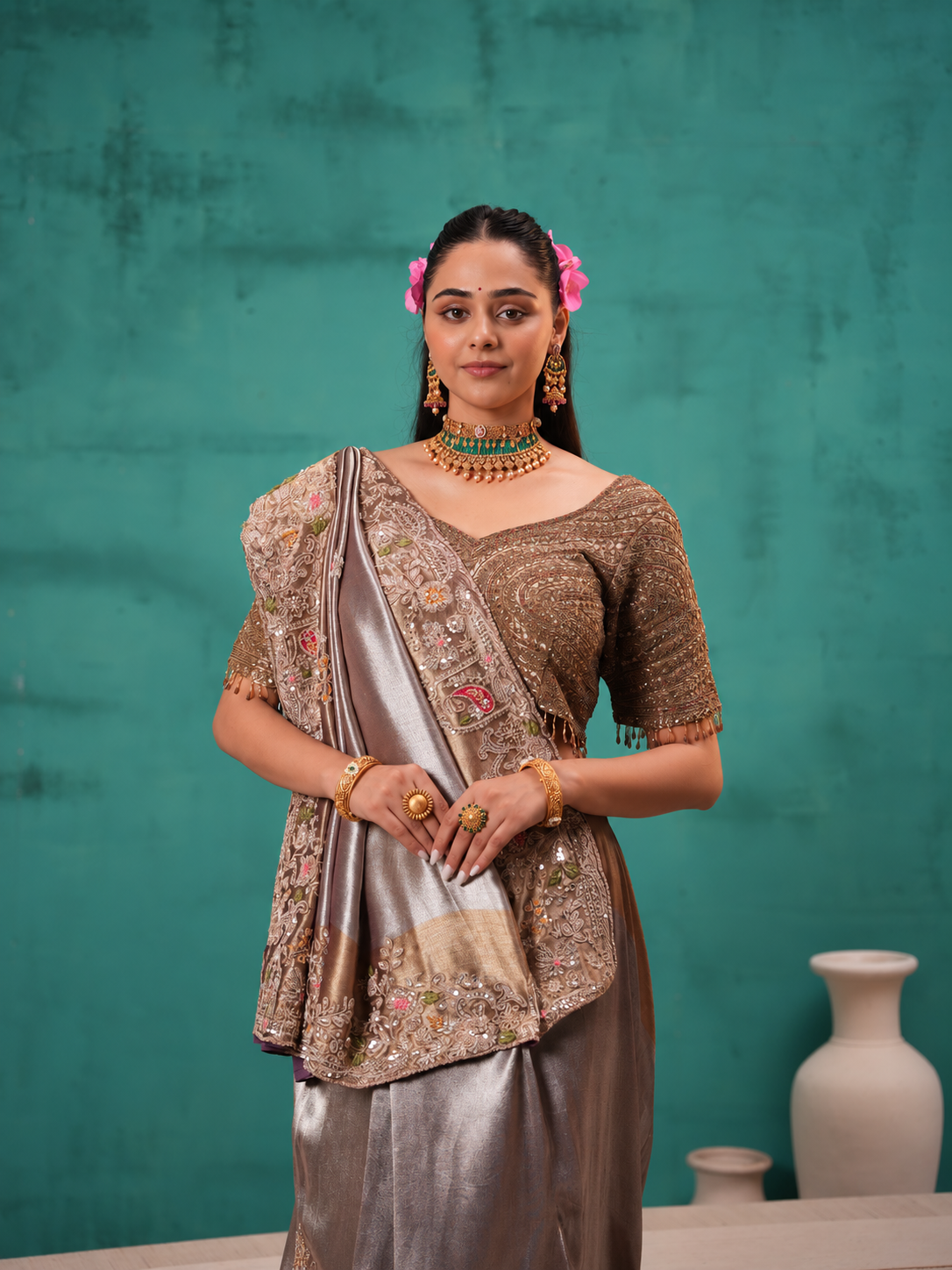 Golden Silk Saree with Heavy Embroidered Border Main image
