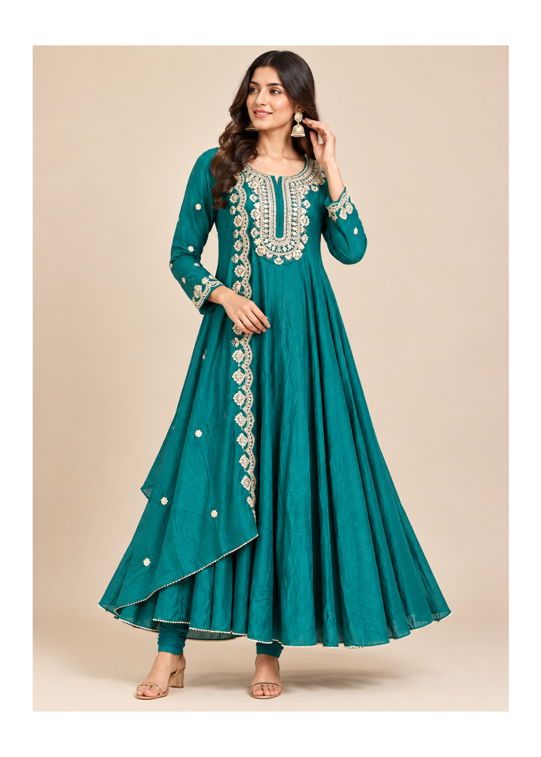 Emerald Teal Gold Embroidered Anarkali Suit Set Main image