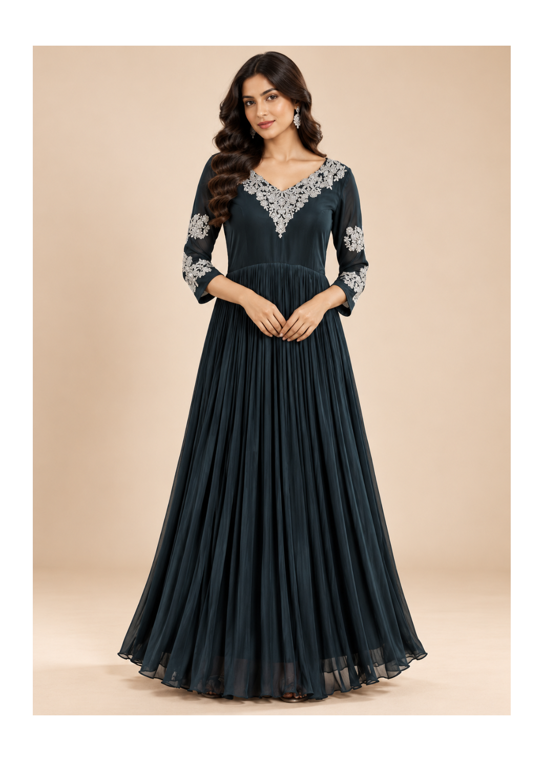 Elegant Dark Teal Embroidered Anarkali Gown