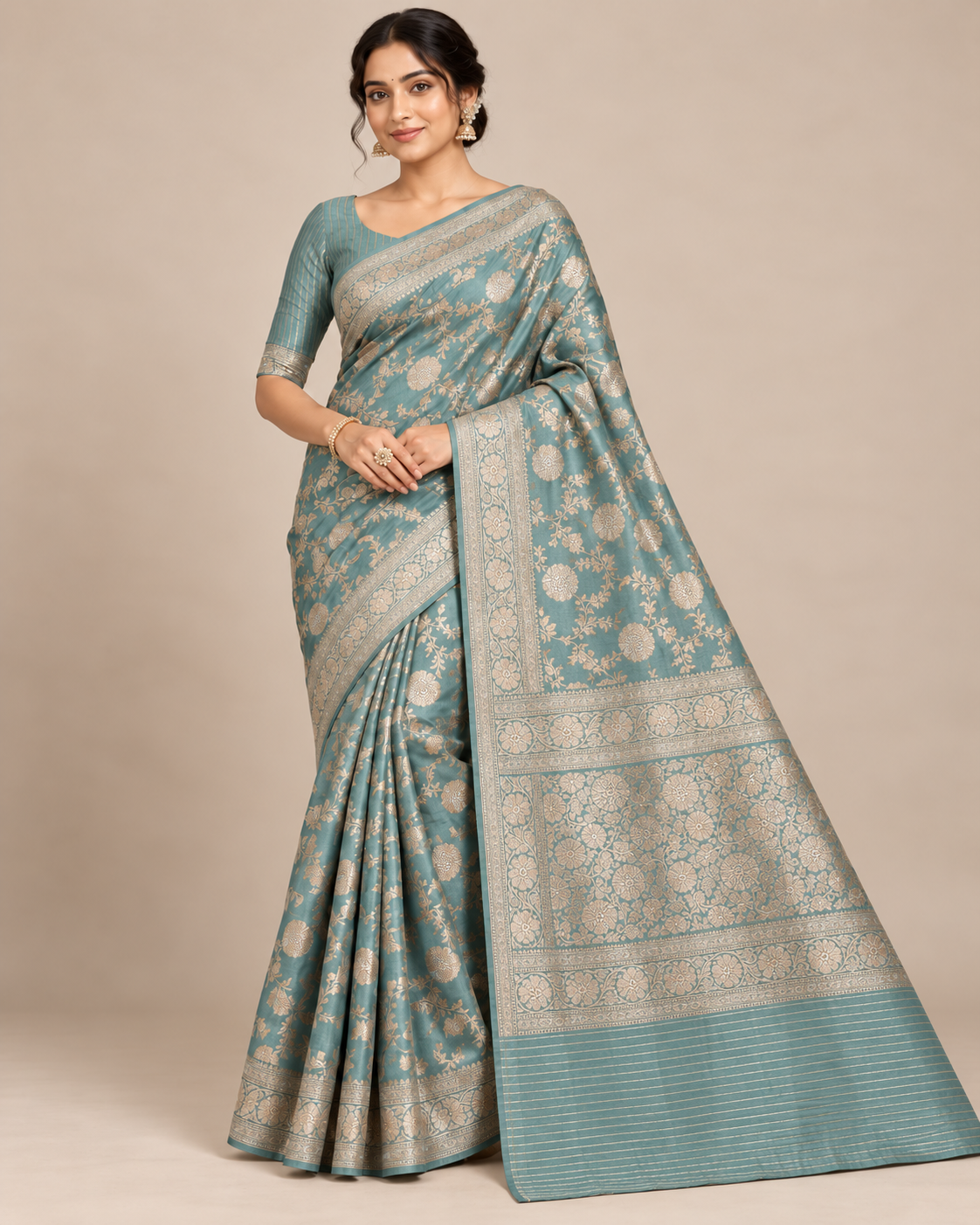 Green Banarasi Saree with Rich Golden Zari Floral Border