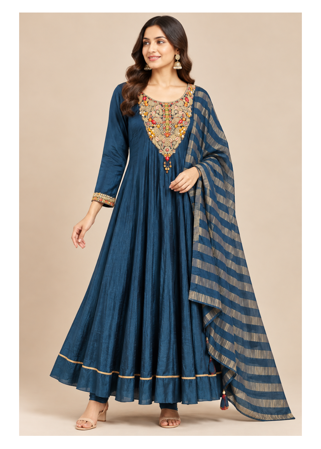 Royal Teal Blue Embroidered Anarkali Suit Set