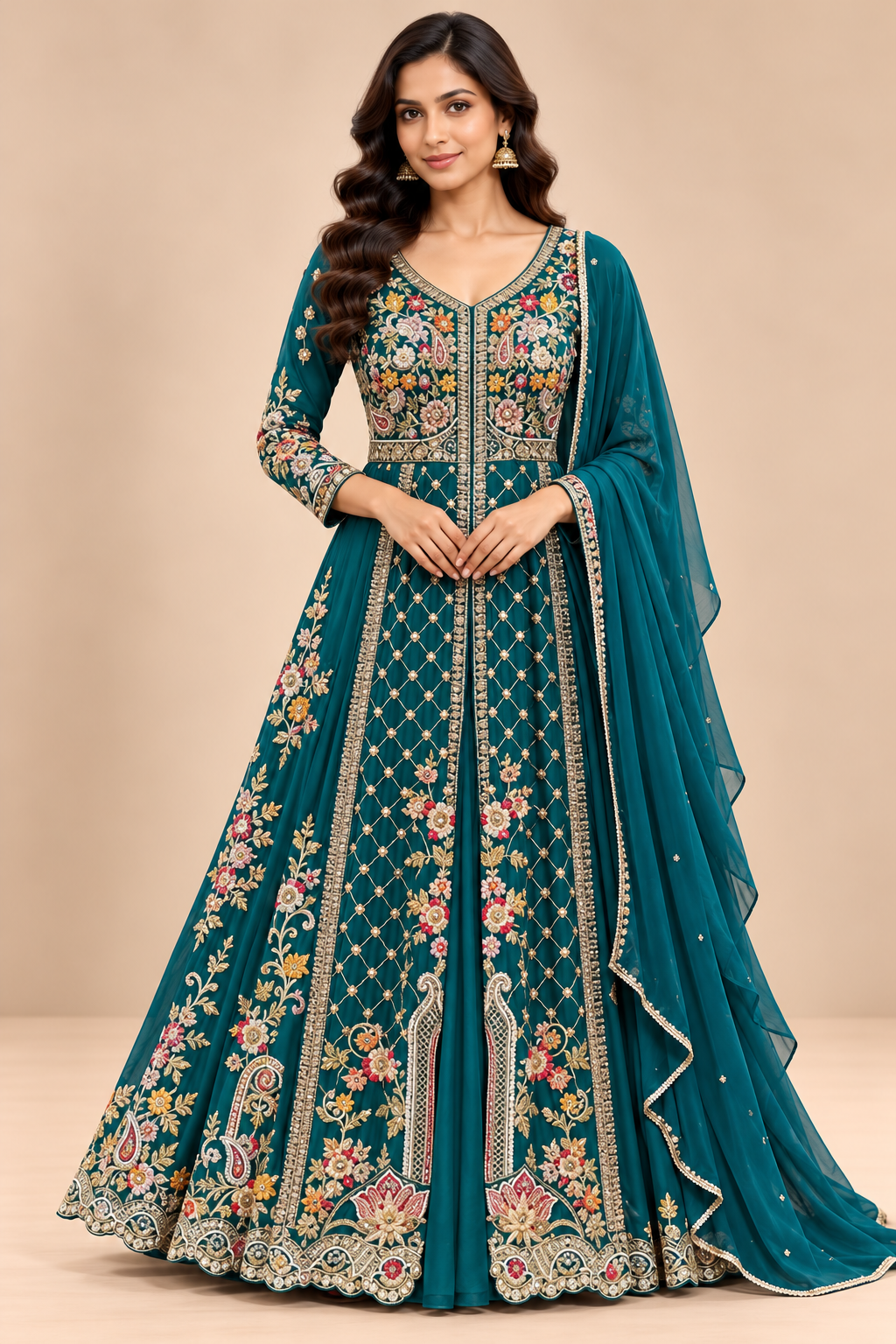 Royal Teal Embroidered Designer Anarkali Gown Main image