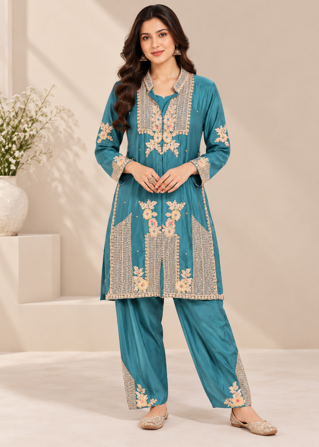 Royal Teal Embroidered Tunic & Pants Set