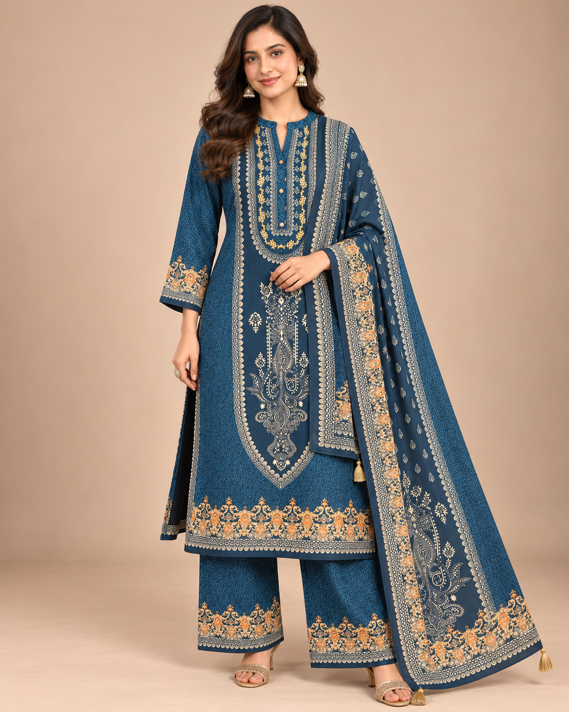 Teal Printed Embroidered Kurta Set