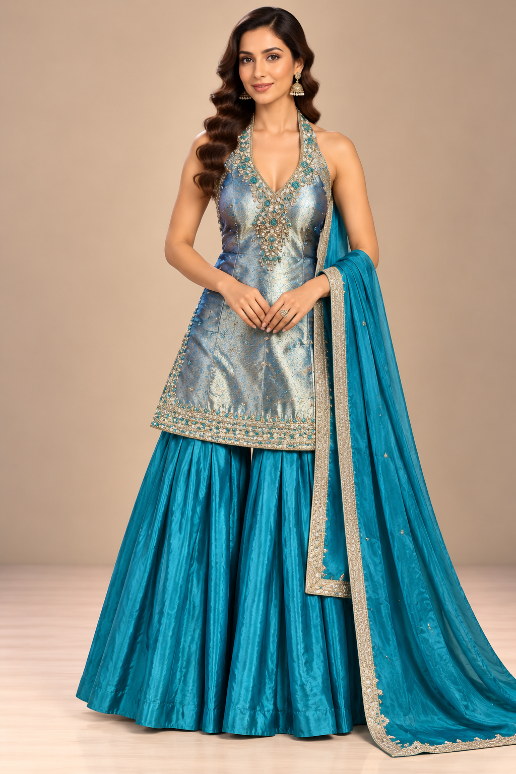 Royal Teal Silk Brocade Halter Sharara Set