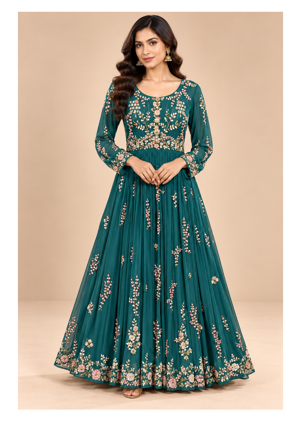 Emerald Teal Floral Embroidered Anarkali Gown Main image