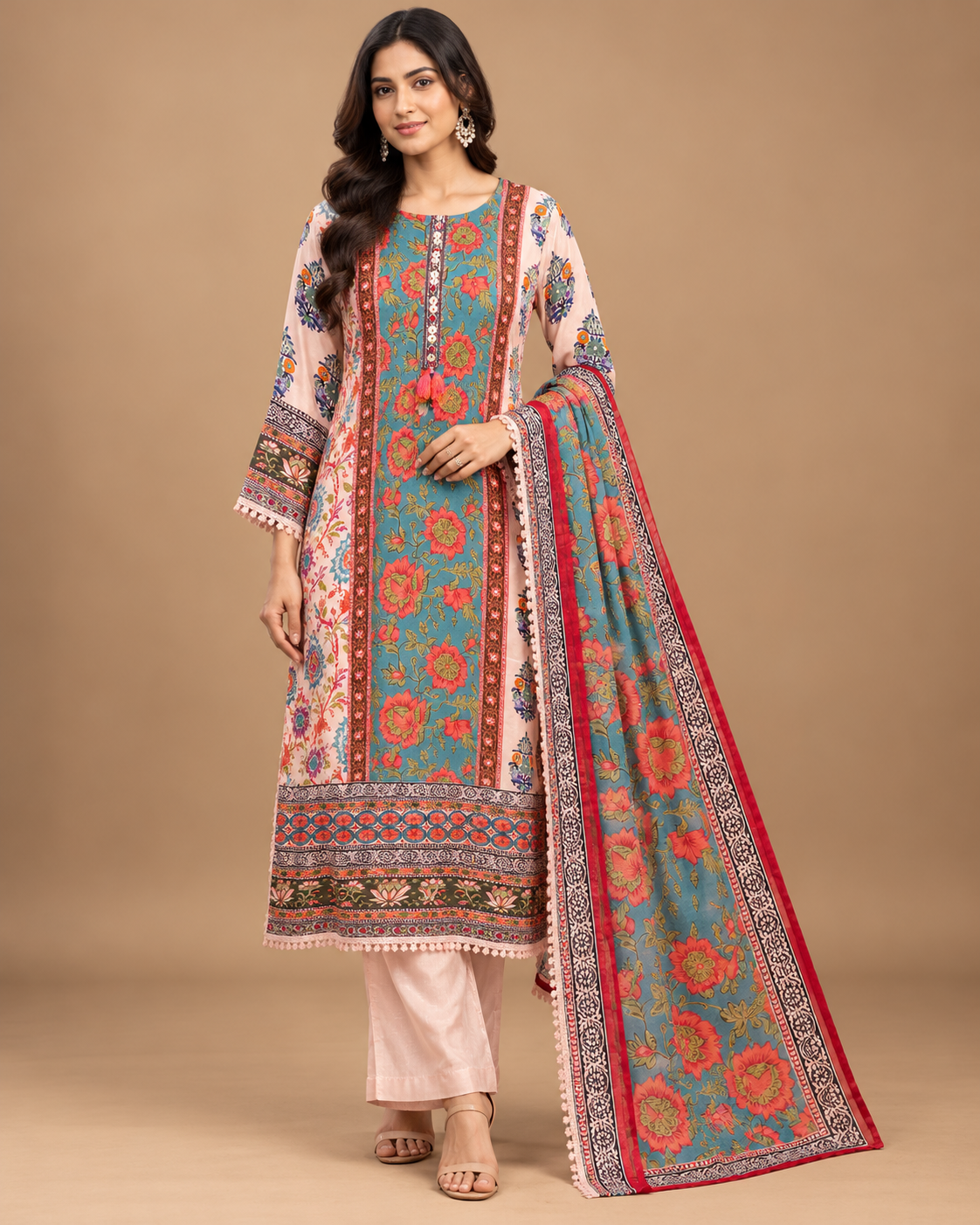 Teal and Coral Kalamkari Printed Kurta Set Main image