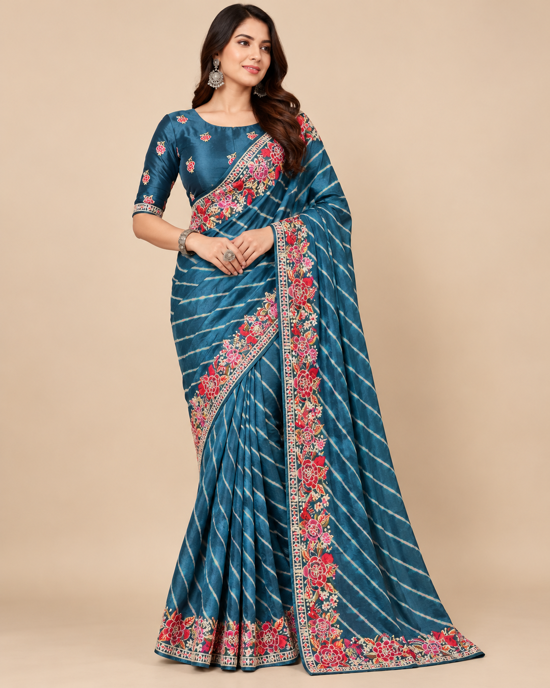 Teal Blue Leheriya Floral Embroidered Saree Main image