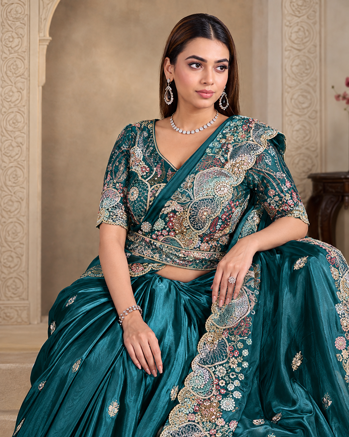 Teal Crush Satin Silk Saree with Handwork Embroidery Secondary image