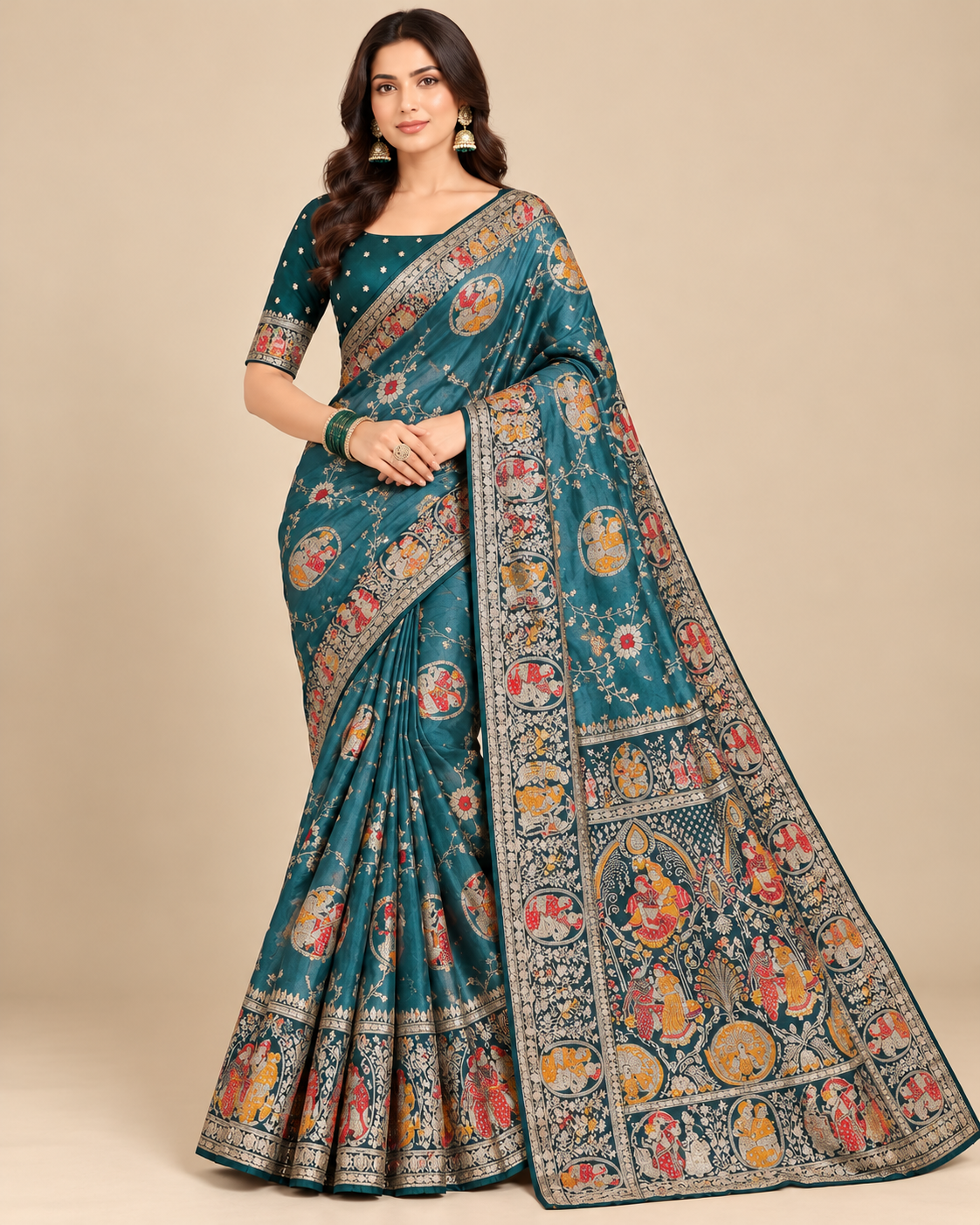 Teal Blue Meenakari Paithani Silk Saree