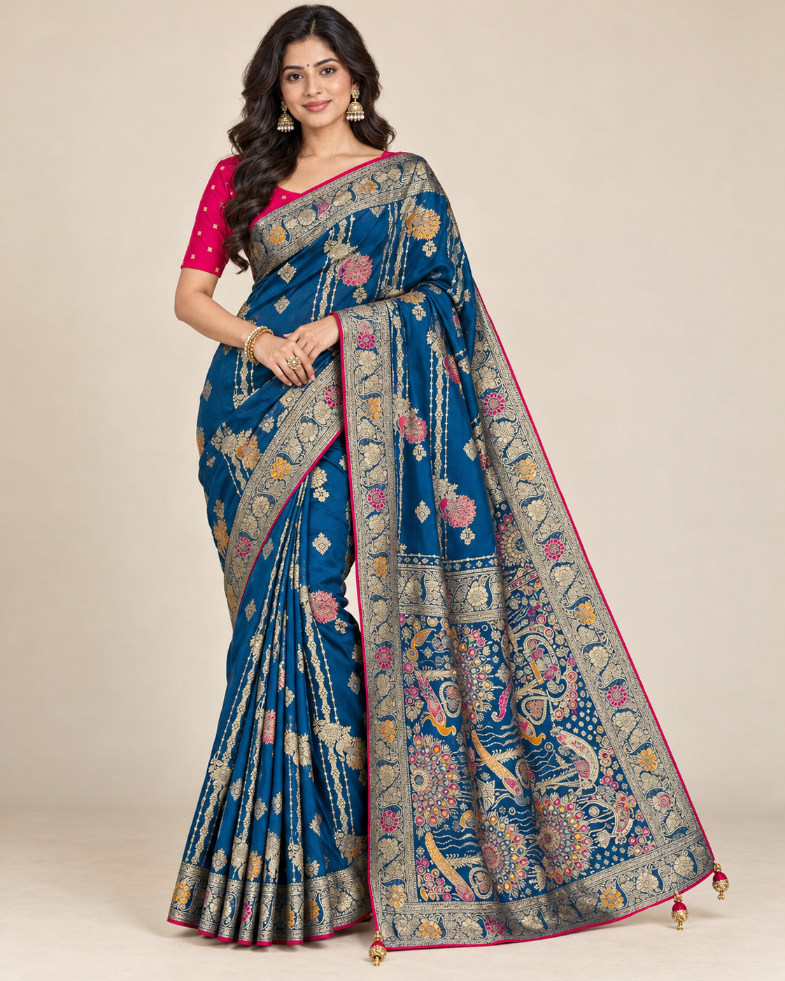 Firozi Blue Silk-Look Saree with Golden Zari-Style Floral Motifs Main image