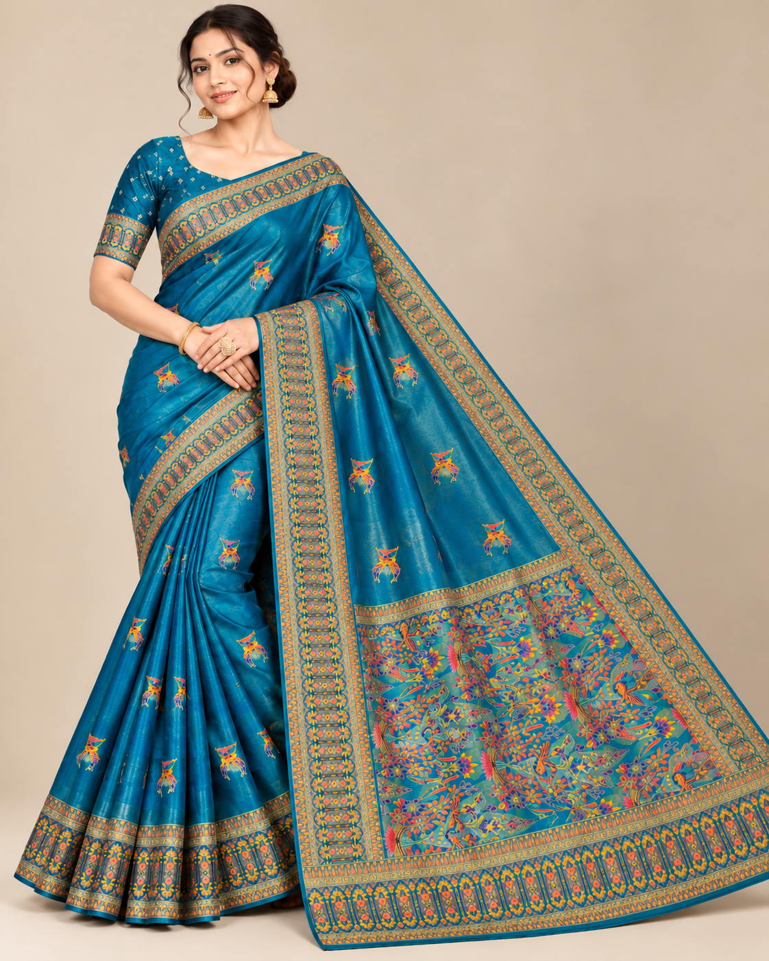 Vibrant Teal Silk Saree with Multicolored Woven Motifs and Rich Pallu