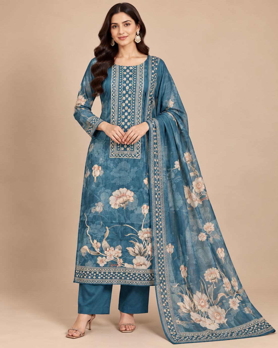 Elegant Teal Floral Suit Fabric with Coordinated Dupatta Main image