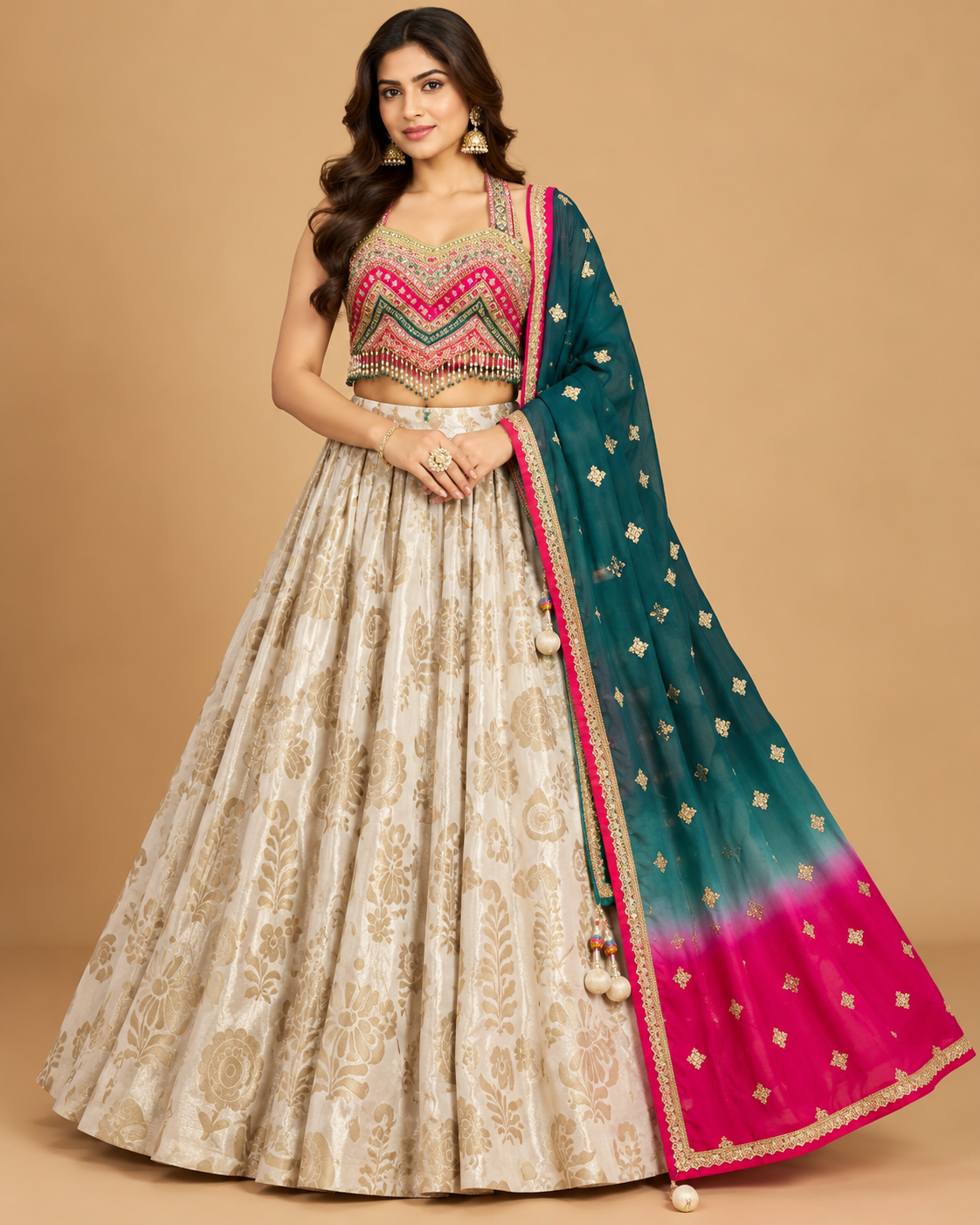 Off-White Brocade Lehenga with Ombre Dupatta Main image