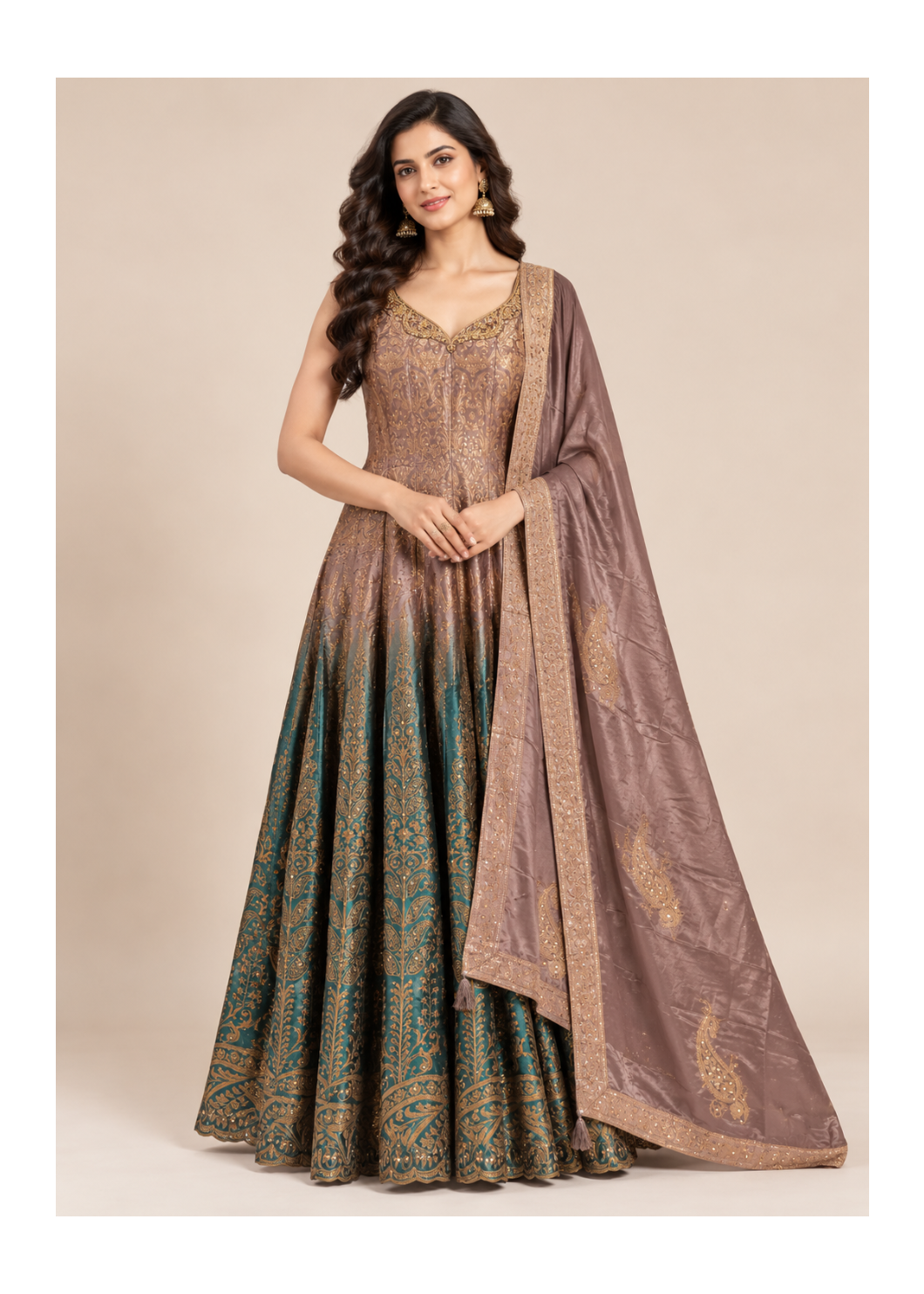 Teal & Mocha Gold Embroidered Anarkali Set