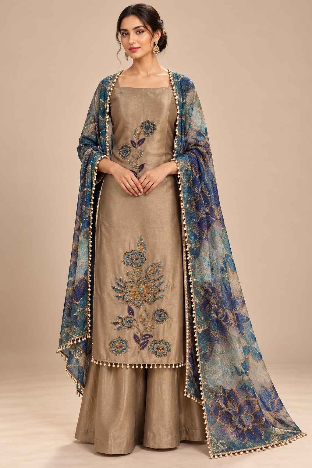 Elegant Taupe Blue Floral Embroidered Suit Main image