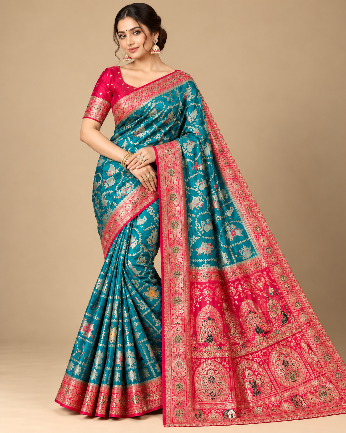 Teal Soft Saree with Rani Pink Woven Border Main image
