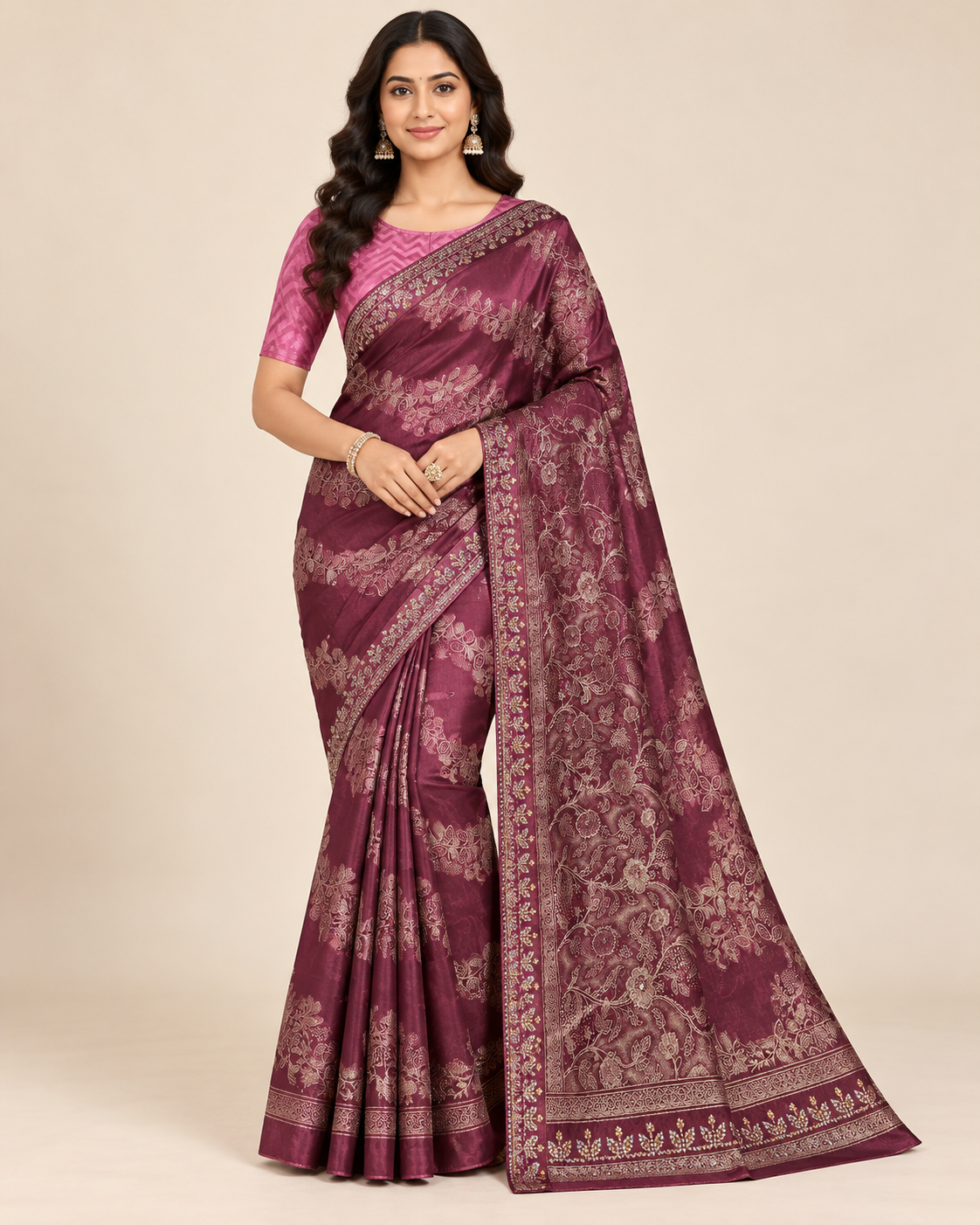 Elegant Wine Soft Saree with Golden Floral Motifs