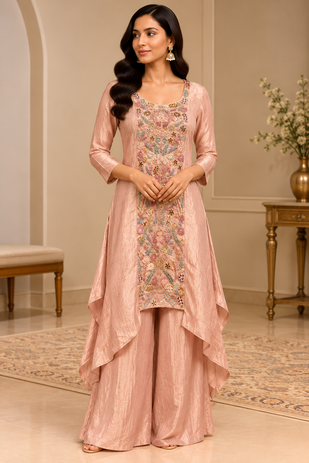 Dusty Pink Shimmer Asymmetric Tunic & Trouser Set with Embroidered Center Panel