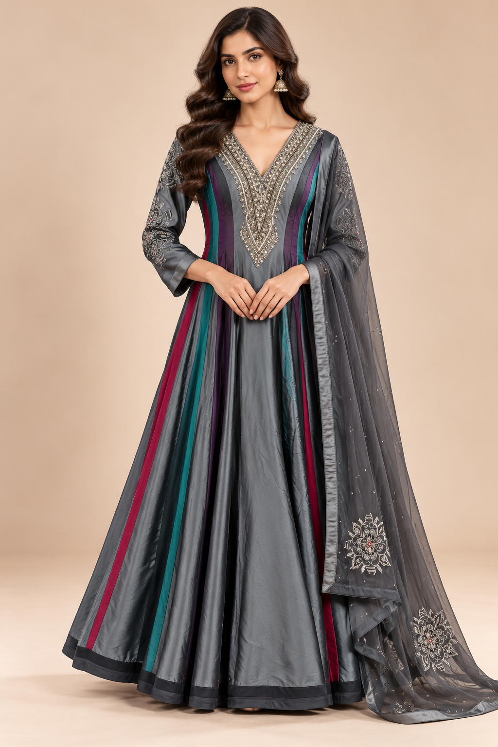 Elegant Grey Multicolor Embroidered Anarkali Suit