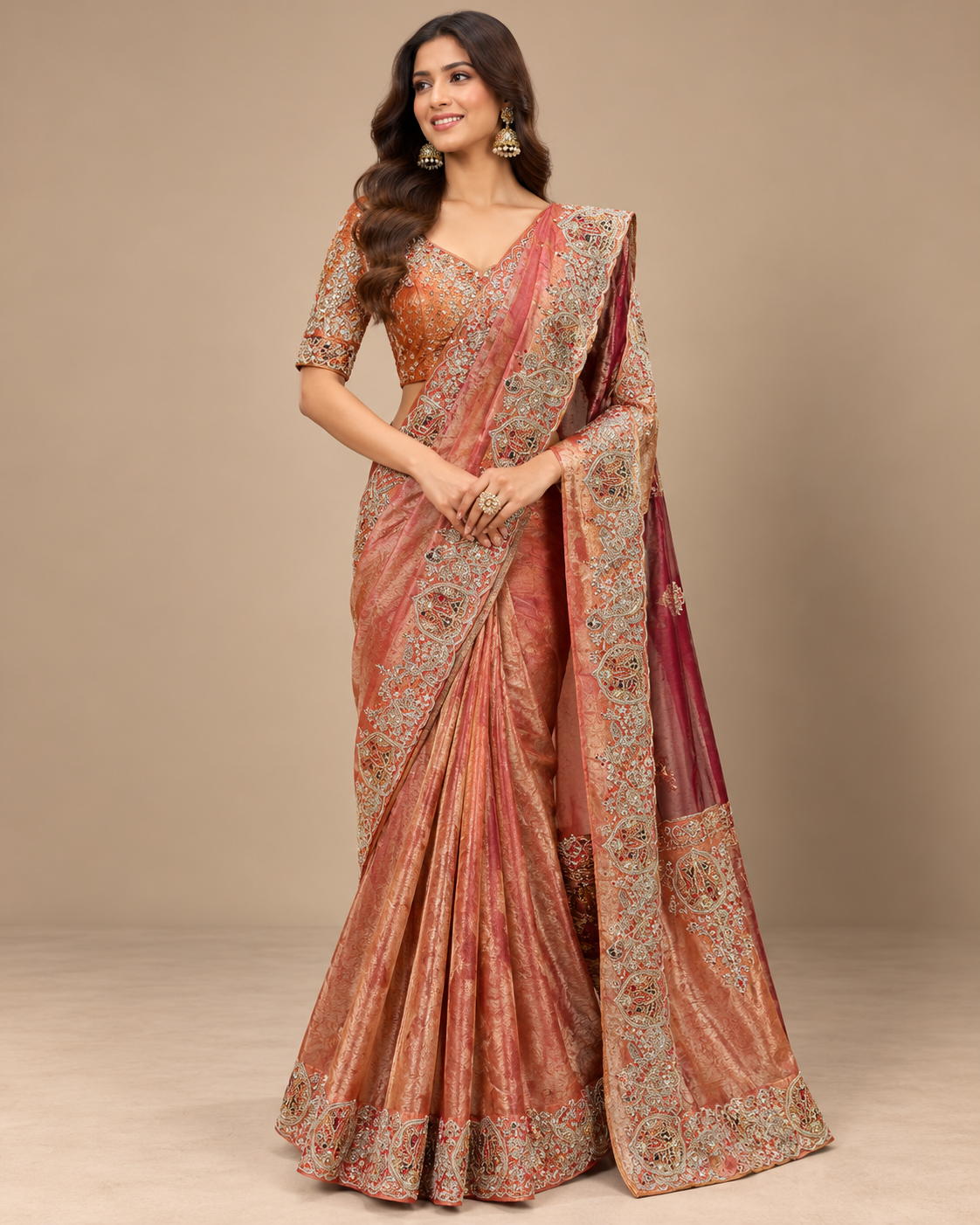 Coral Gold Elephant Motif Saree
