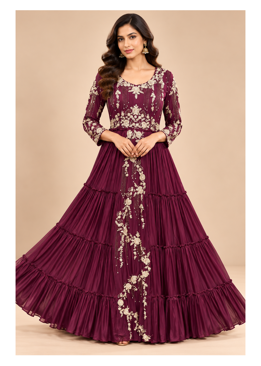 Elegant Wine Floral Embroidered Anarkali Gown Main image