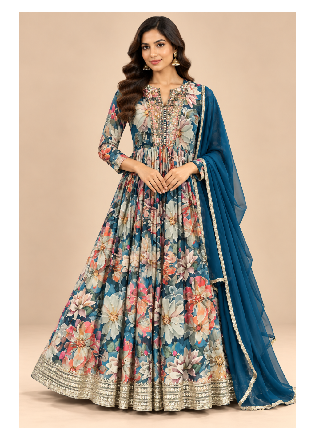 Royal Teal Floral Printed Anarkali Gown Main image