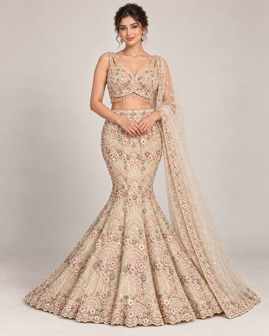 Champagne Floral Fishcut Lehenga Main image