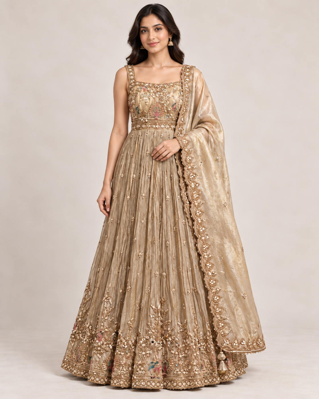 Beige Embroidered Anarkali with Pleated Flare
