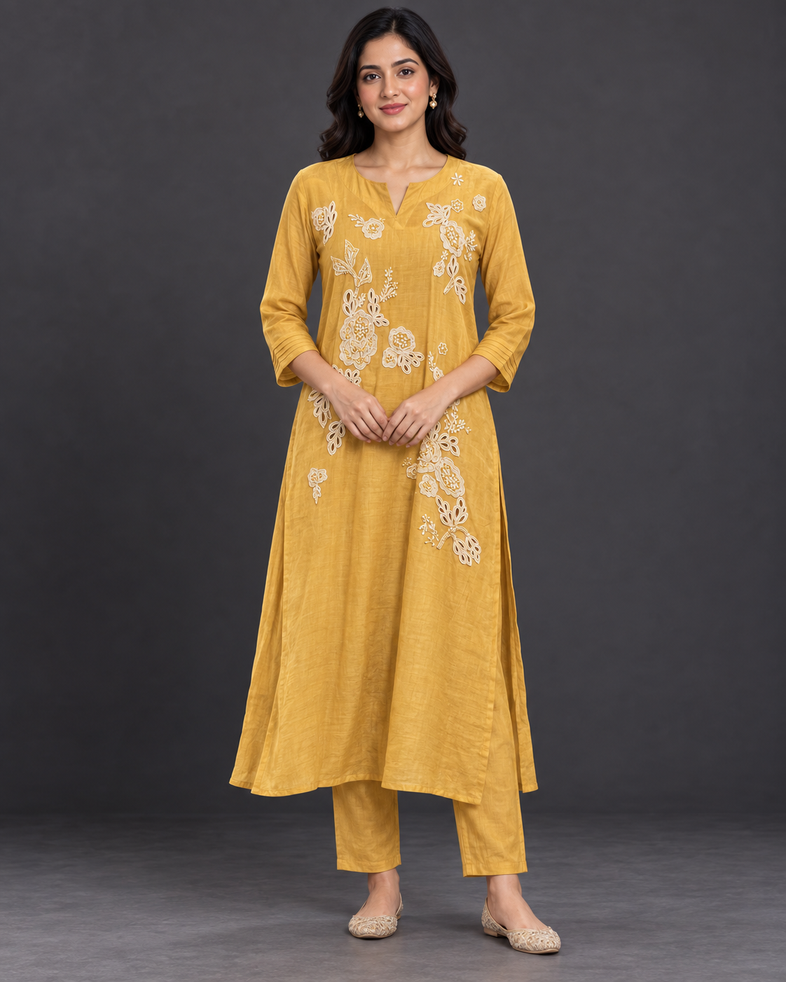 Yellow Floral Embroidered Kurti Pant Set