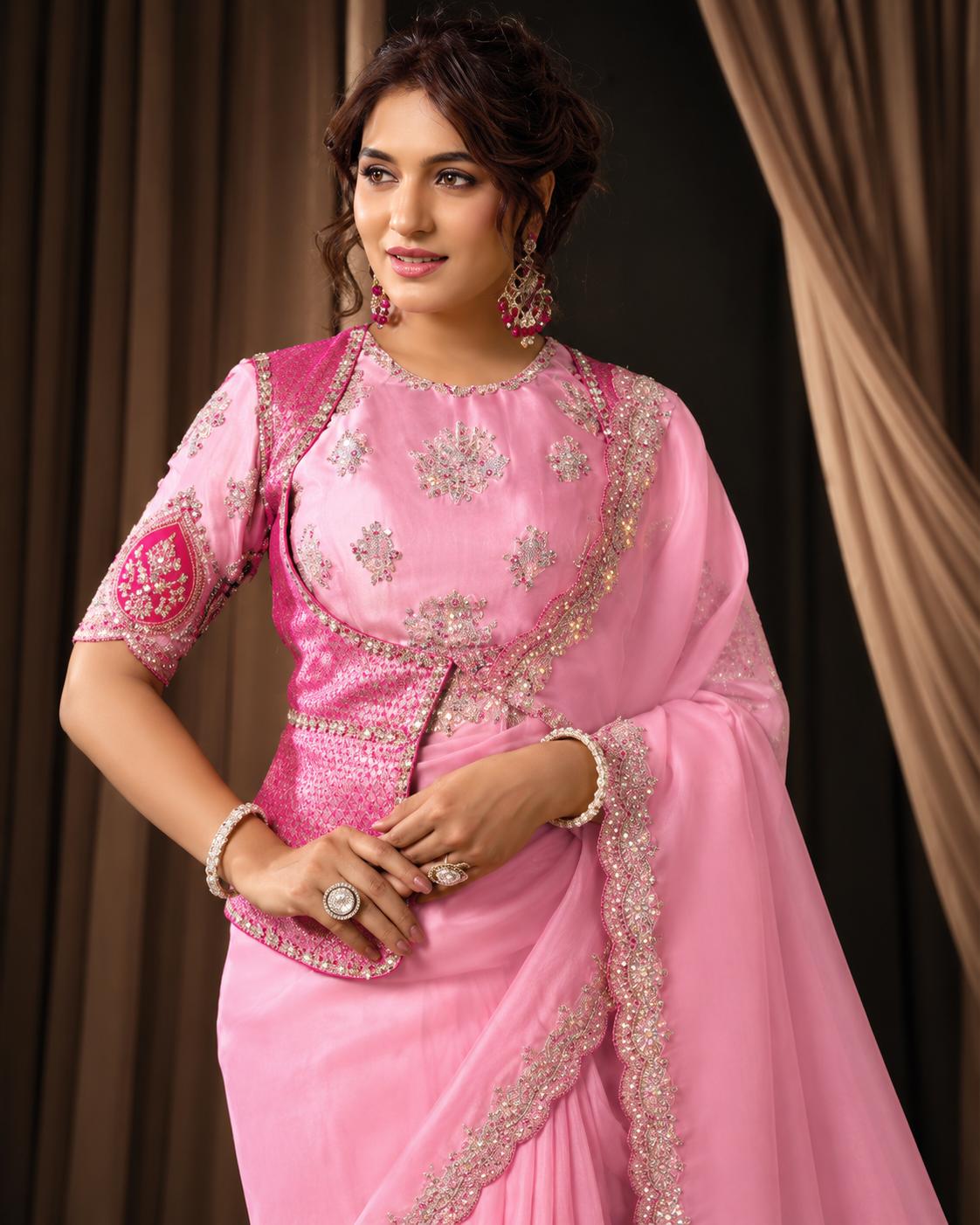 Pink Tissue Organza Saree with Rajwadi Koti