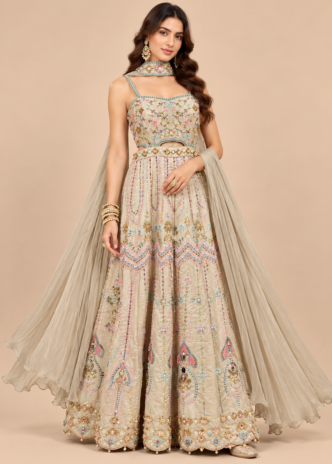 Embellished Beige Anarkali Set