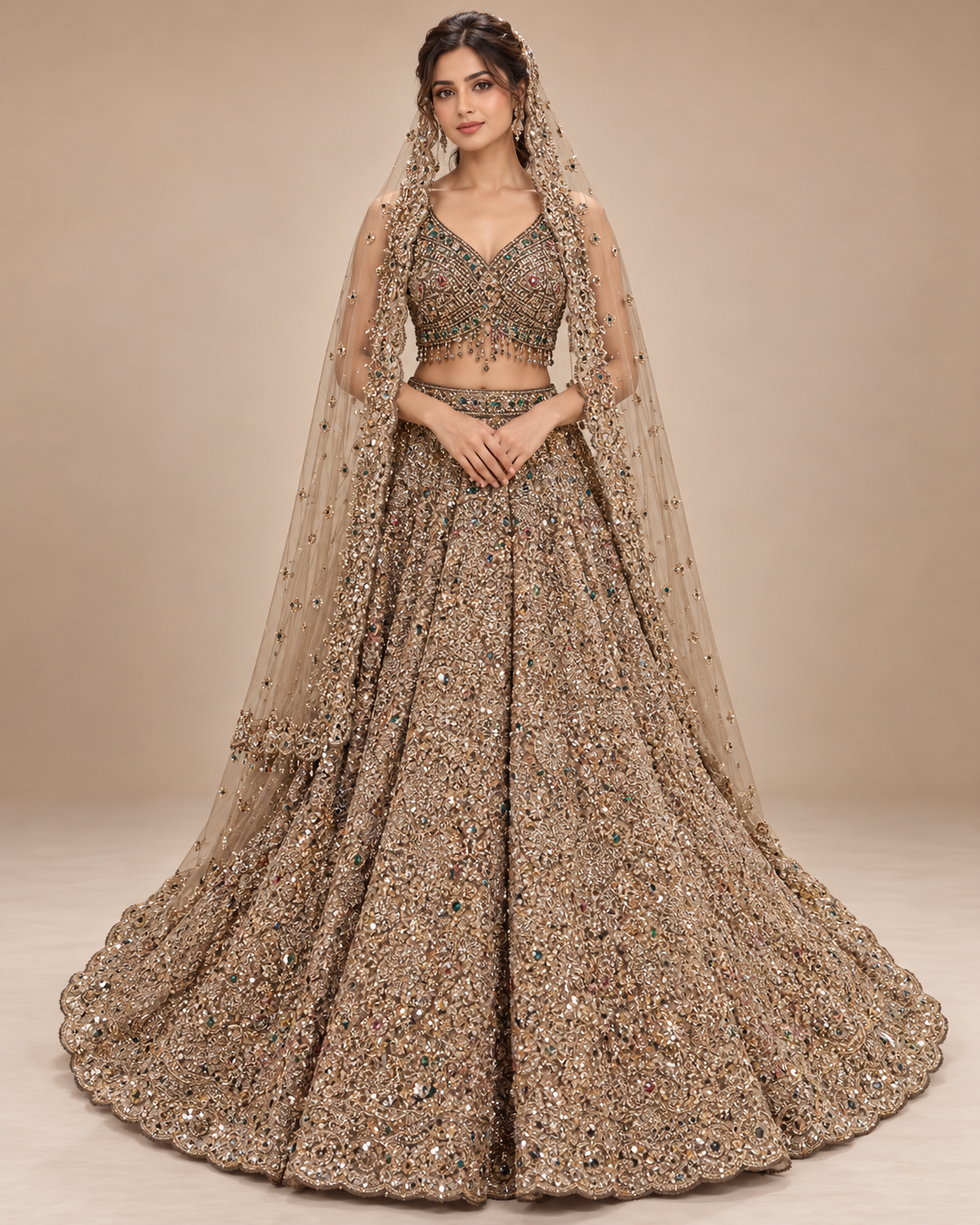 Royal Champagne Gold Embellished Bridal Lehenga