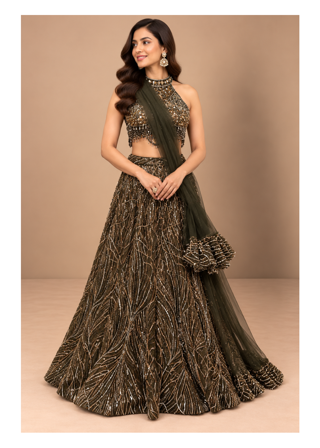Dark Olive Gold Embroidered Designer Lehenga