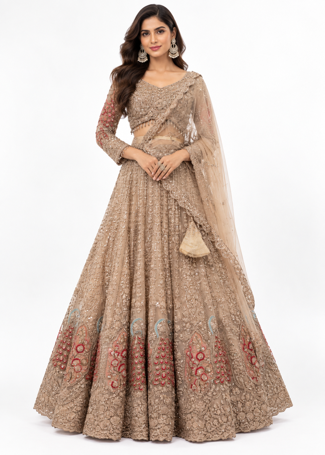 Chikoo Peacock Embroidered Bridal Lehenga Set Main image