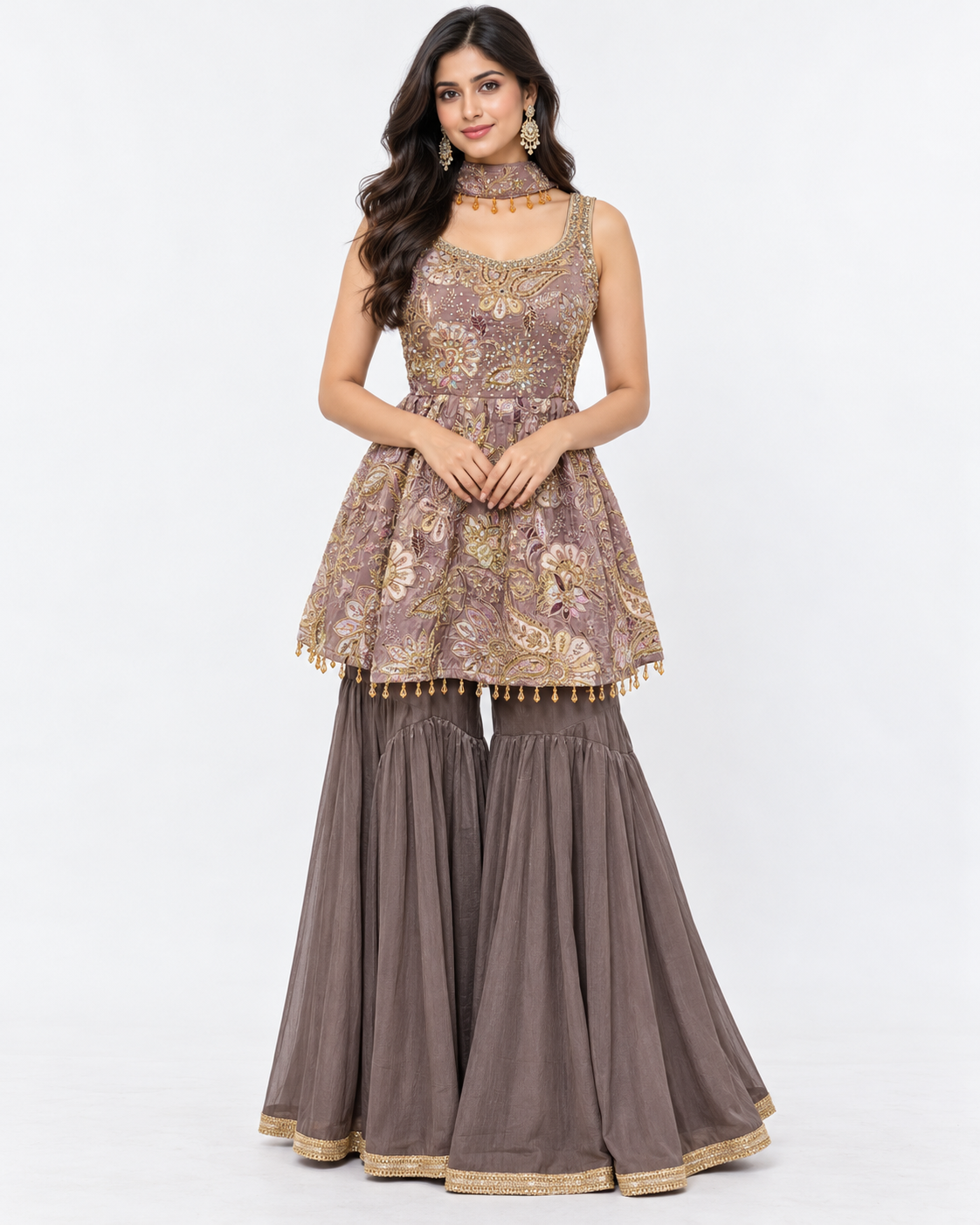 Mauve Embellished Peplum Sharara Set