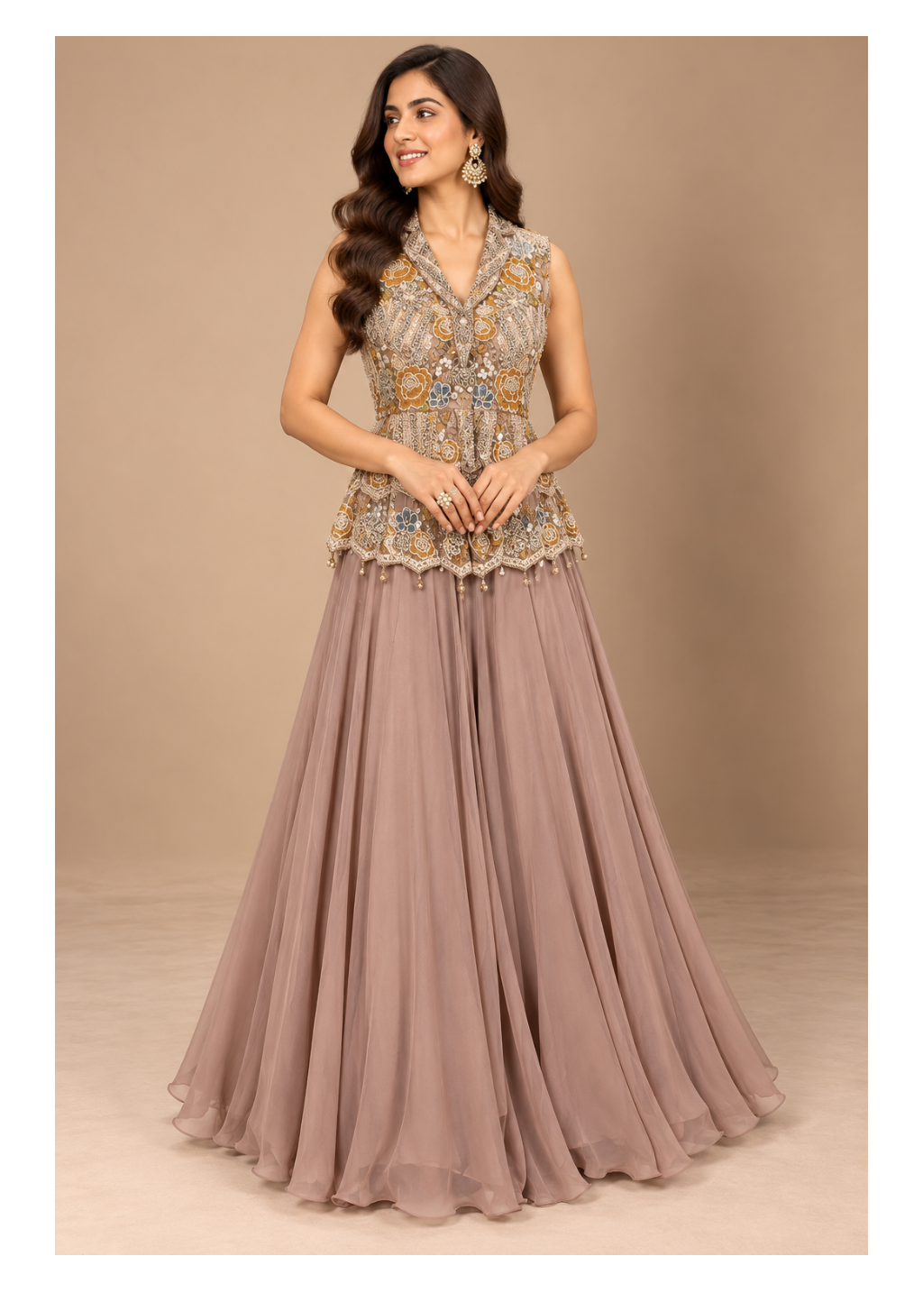 Dusty Mauve Embroidered Designer Gown Set