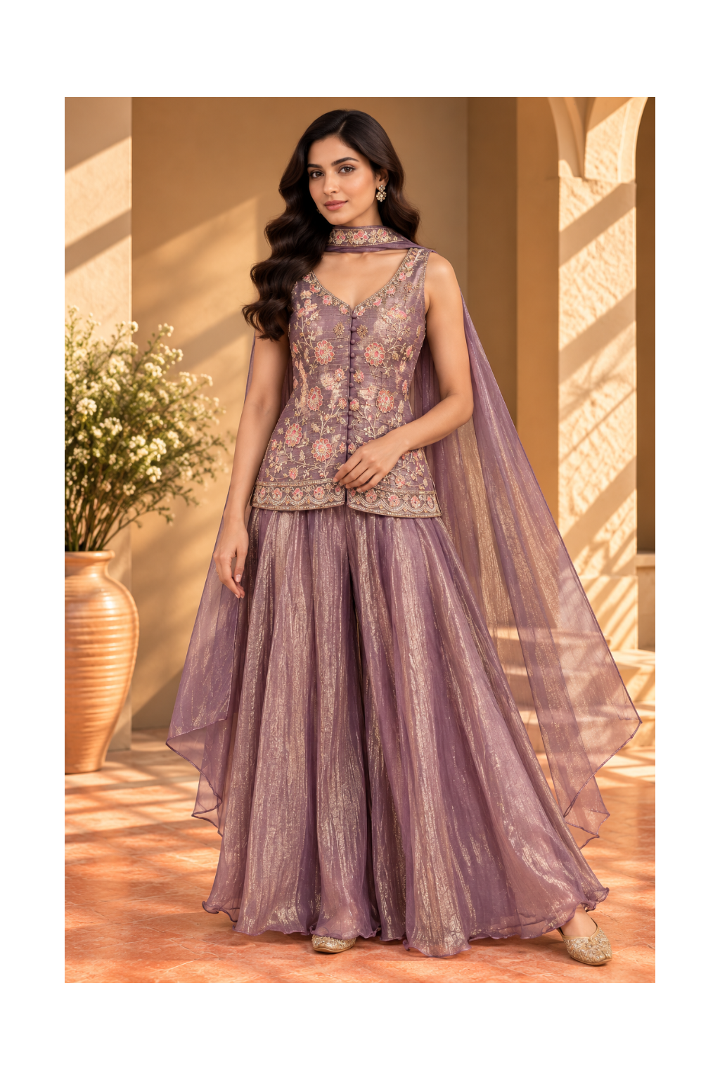 Dusty Mauve Floral Embroidered Jacket & Sharara Cape Set Main image