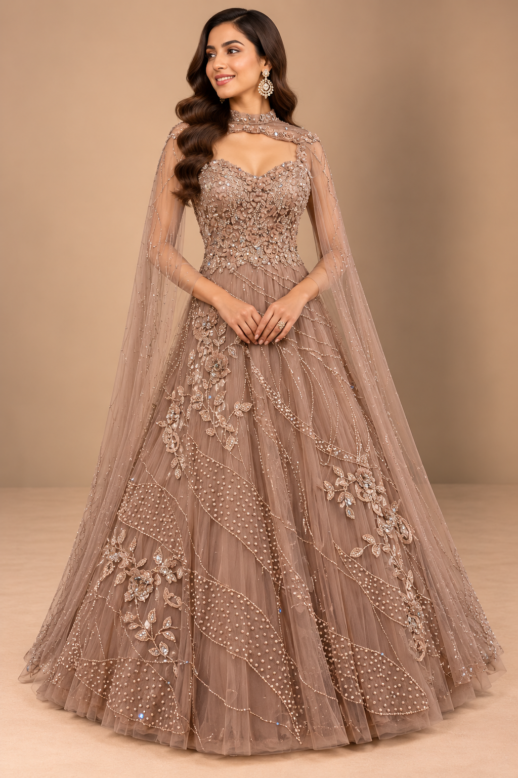 Dusty Mauve Embroidered Designer Cape Gown